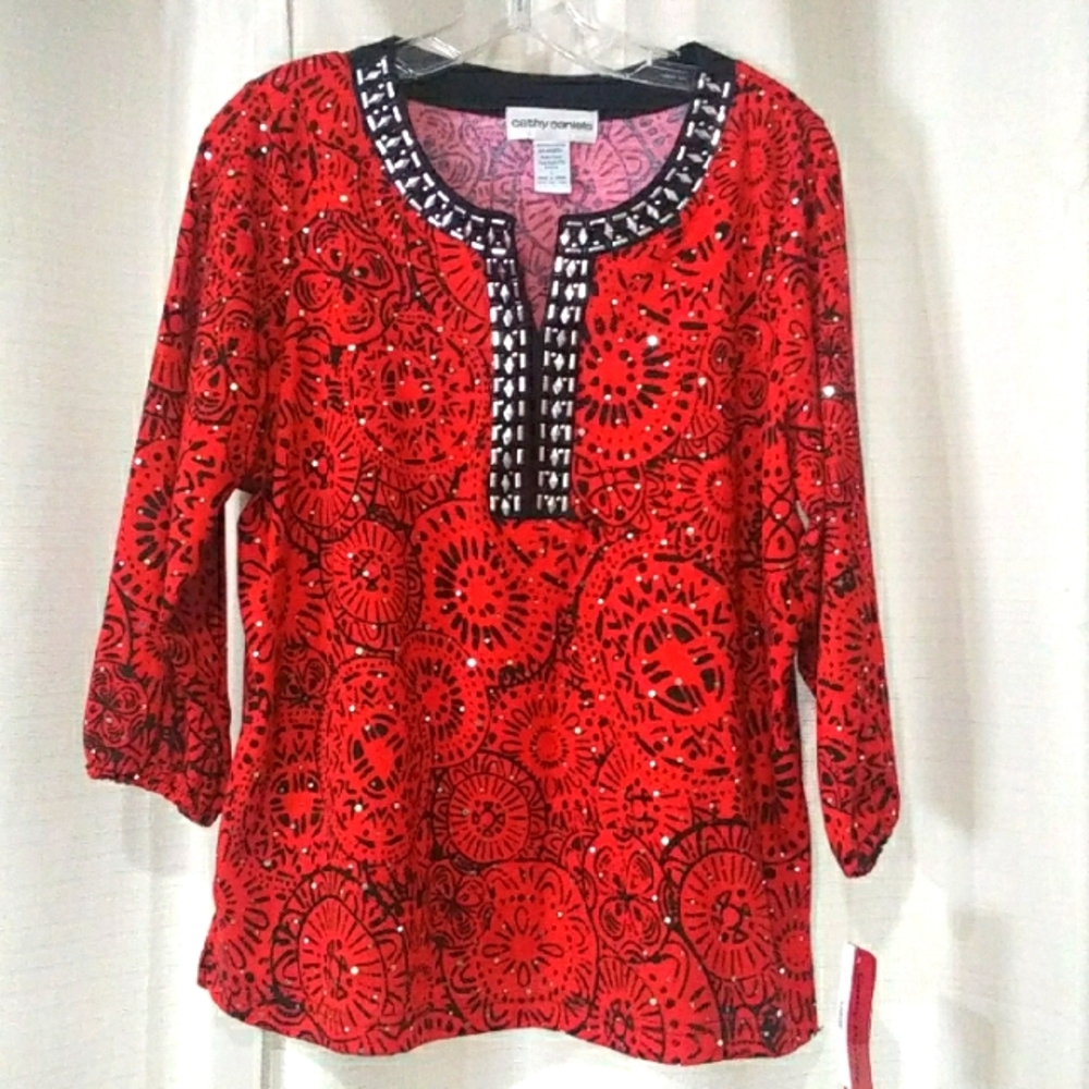 Red and Black Patterned Women's Top Large Cathy Daniels